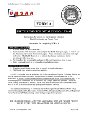 Utah High School Athletic Health Examination Form A
