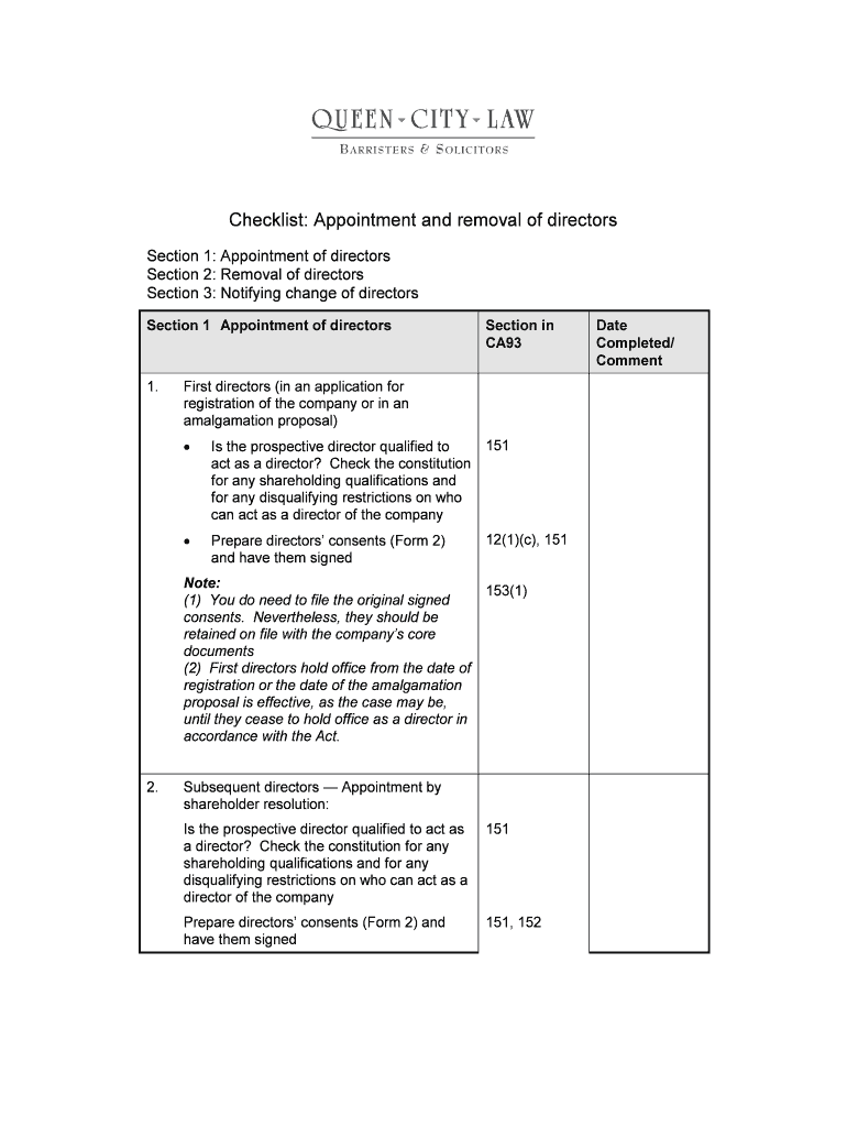 Fillable Online Checklist: Appointment and removal of directors Fax Email Print - pdfFiller