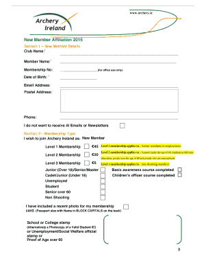 Archery Ireland Member Affiliation Form 2015