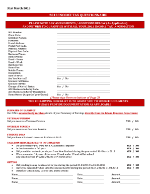 2013 New Zealand Income Tax Questionnaire