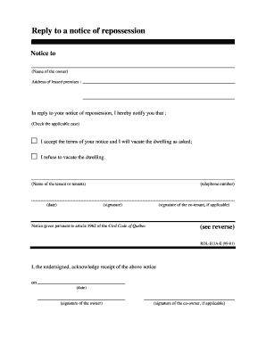 Reply to Notice of Repossession