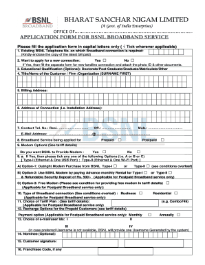 BSNL Broadband Service Application Form