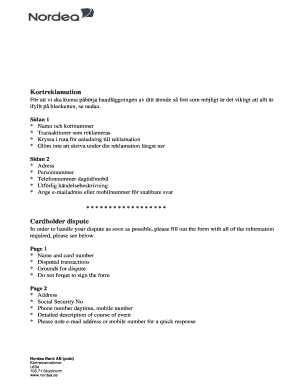 Nordea Cardholder Dispute Form
