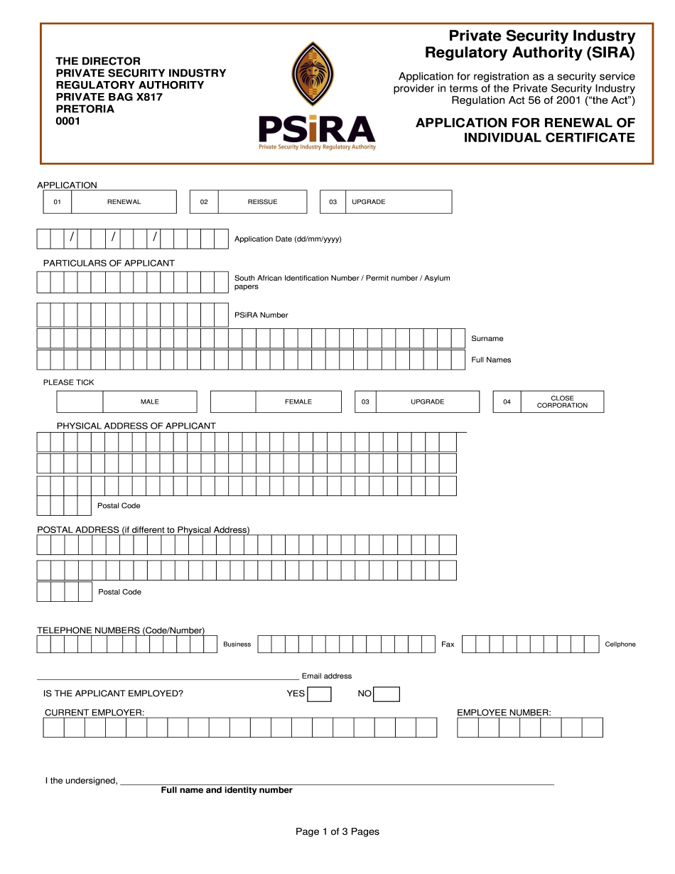 PSIRA Application For Renewal Of Individual Certificate