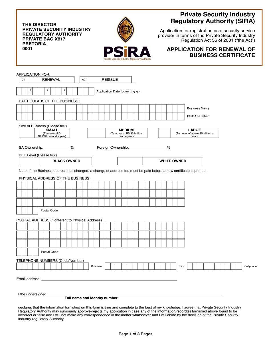 PSIRA Application For Renewal Of Business Certificate