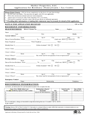 Application for Residency (Pennsylvania/Tax Credit)