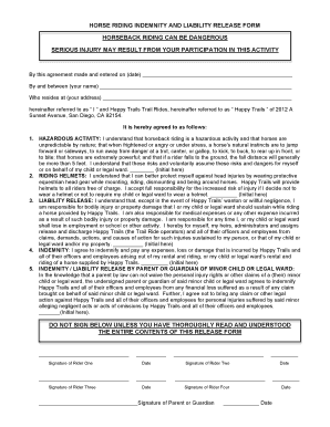 Horse Riding Indemnity and Liability Release Form