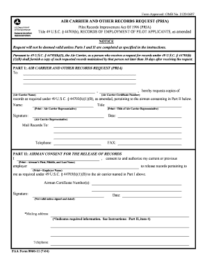 FAA Form 8060-11 Air Carrier Records Request (PRIA)
