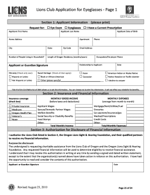 Lions Club Application for Eyeglasses