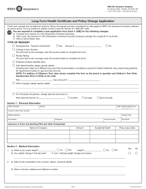 Long Form Health Certificate and Policy Change Application