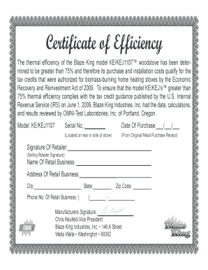 Certificate of Efficiency for Blaze King Woodstove