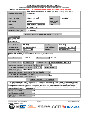 Chemical Product Specification Form