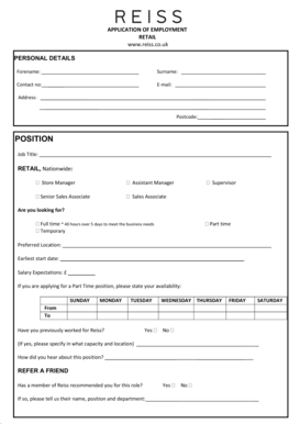 Reiss Retail Employment Application Form