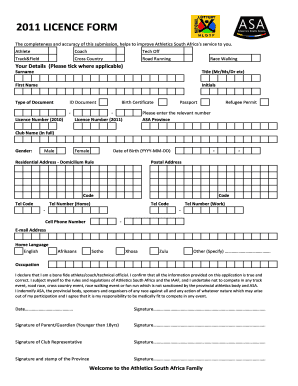 2011 Athletics South Africa License Form