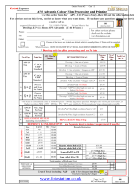 APS Advantix Colour Film Processing Order Form