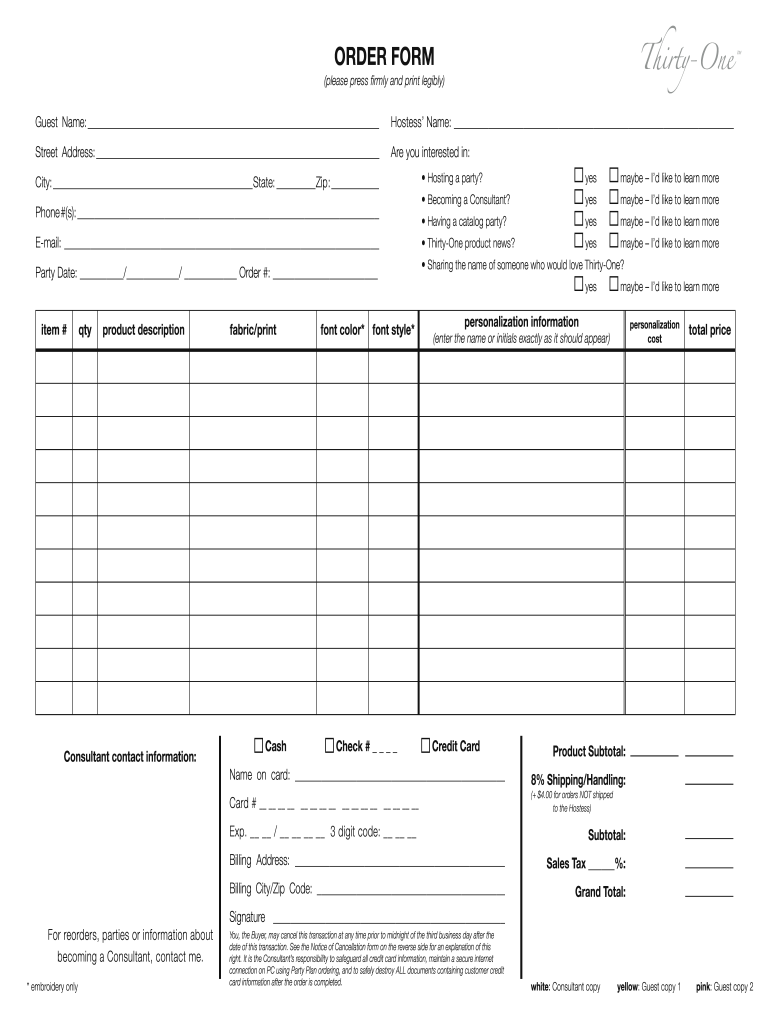 Thirty One Order Fill Online Printable Fillable Blank PdfFiller