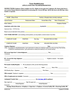 Tenet HealthSystem Application for Transfer/Promotion