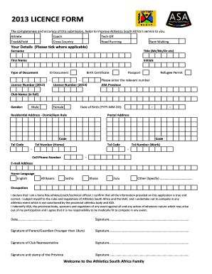 2013 Athletics South Africa License Form