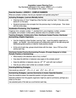 Complex Numbers Lesson Plan Form