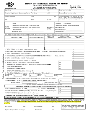 Sidney 2014 Individual Income Tax Return