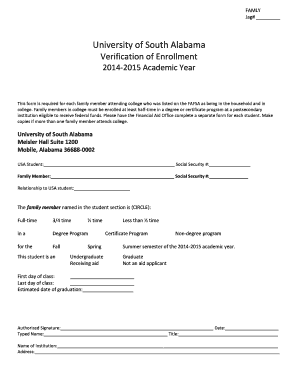 University of South Alabama Verification of Enrollment