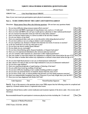 NJROTC Health Risk Screening Questionnaire