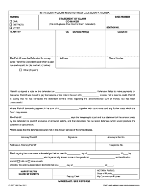 Florida Civil Co-Maker Statement of Claim