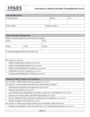 Subcontractor Health and Safety Prequalification Form