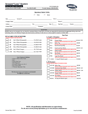 Invacare Lynx Scooters Price List and Order Form