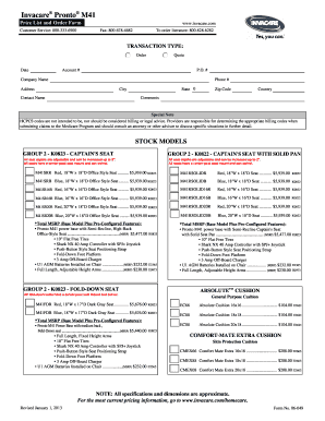 Invacare Pronto M41 Price List and Order Form
