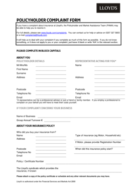 Lloyd's Policyholder Complaint Form