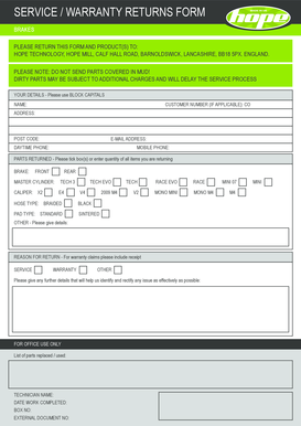 Service Warranty Returns Form