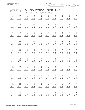 Multiplication Facts 0-7 Worksheet