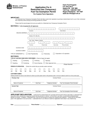Saskatchewan Custom Farm Operator Fuel Tax Exemption Permit