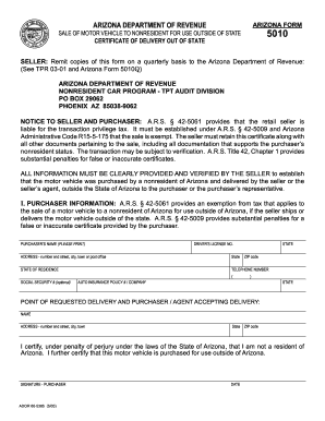 Arizona Form 5010 Certificate of Delivery Out of State