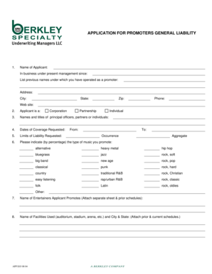 Promoter's General Liability Insurance Application