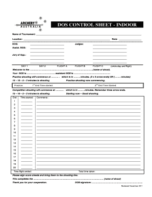 Indoor Archery Tournament Control Sheet