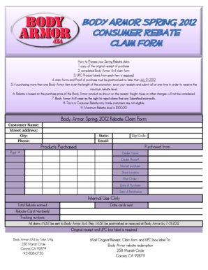 Body Armor Spring 2012 Rebate Claim Form