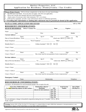 Application for Residency (Pennsylvania/Tax Credit)