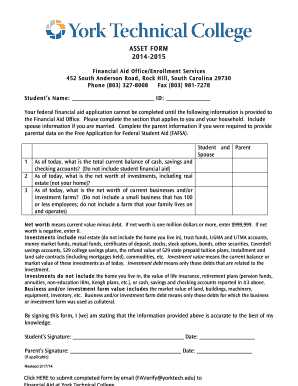Asset Form for Financial Aid