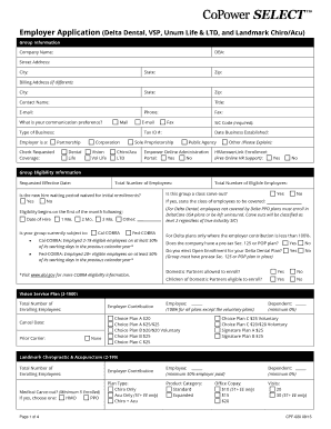 Employer Application for Delta Dental, VSP, Unum Life & LTD, and Landmark Chiro/Acu