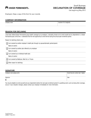 Small Business Health Coverage Declination Form