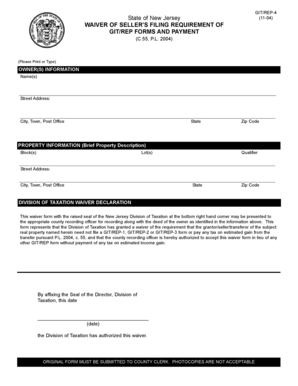 New Jersey Waiver of Seller’s Filing Requirement
