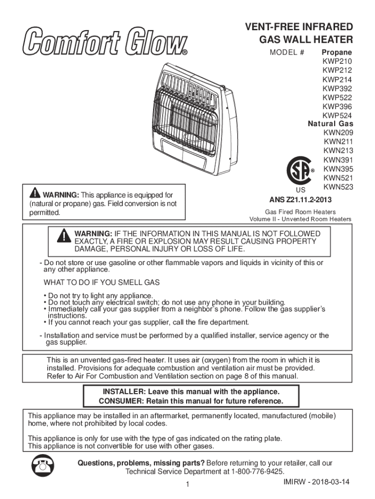 Fillable Online VENTFREE INFRARED GAS WALL HEATER World Marketing of