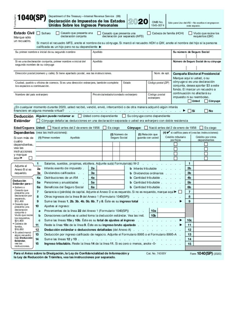 Fillable Online 2020 Form 1040 (SP). U.S. Individual Tax Return