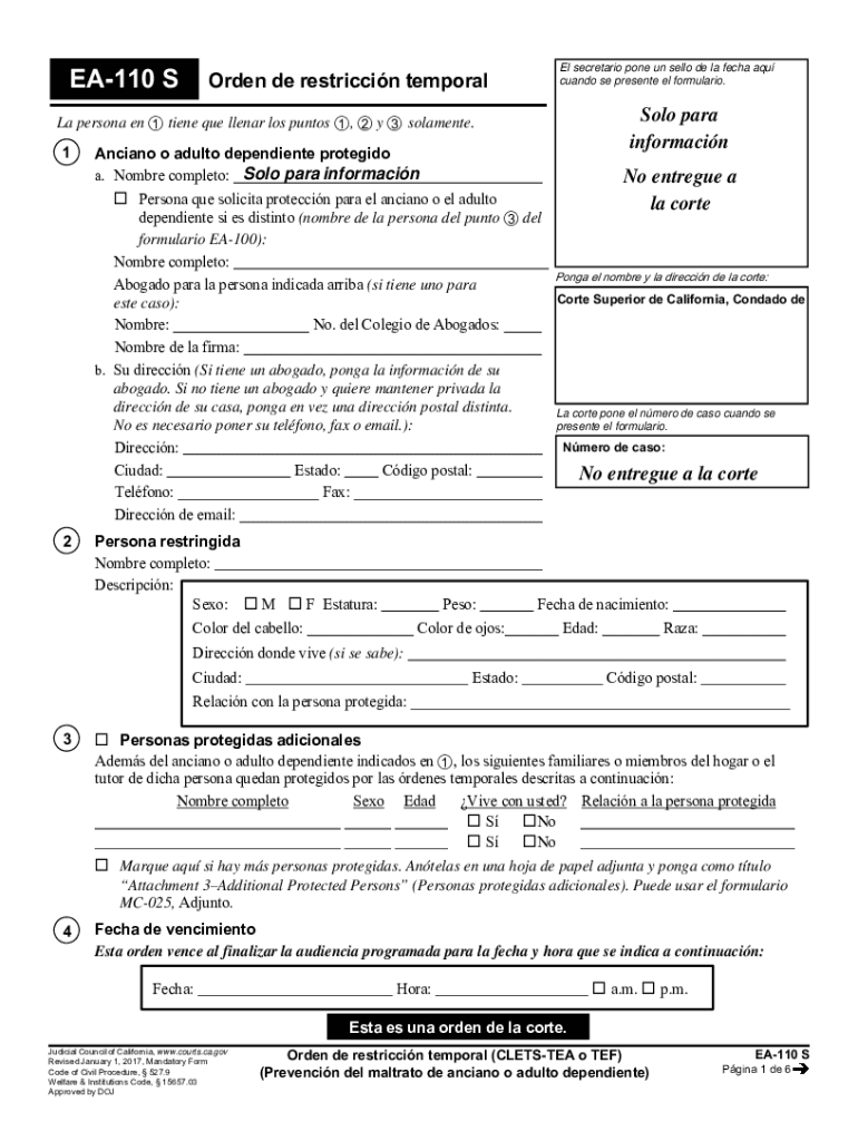 Fillable Online EA-110 S Temporary Restraining Order (CLETSTEA or TEF ...