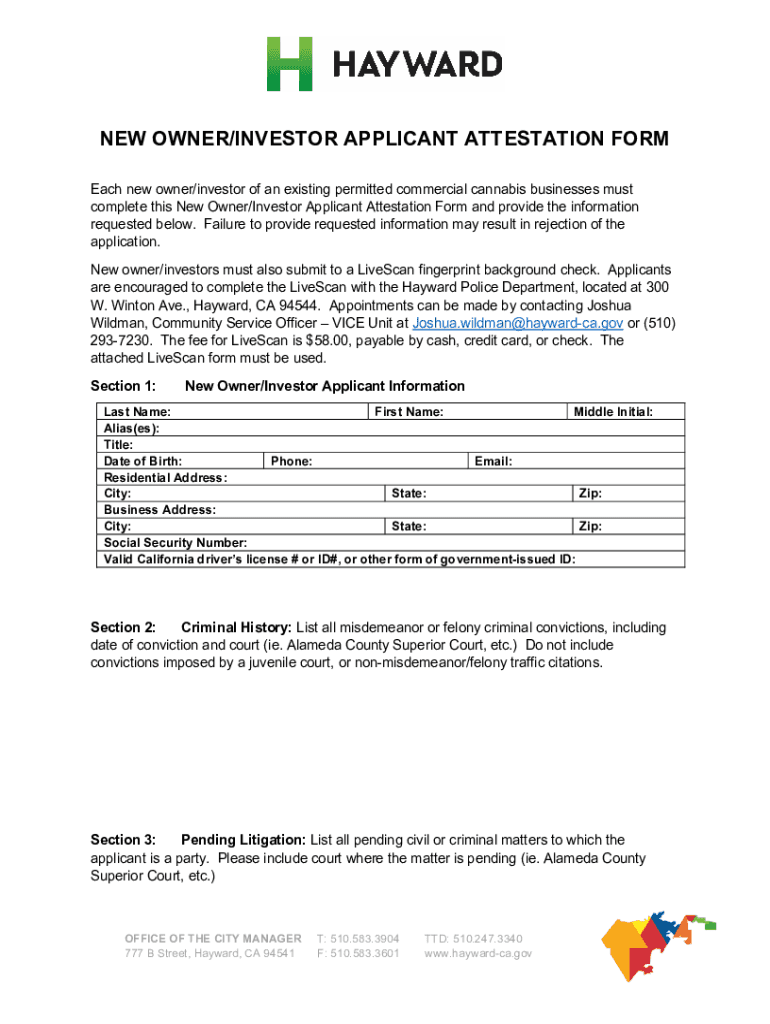 Fillable Online NEW OWNER/INVESTOR APPLICANT ATTESTATION FORM Fax Email