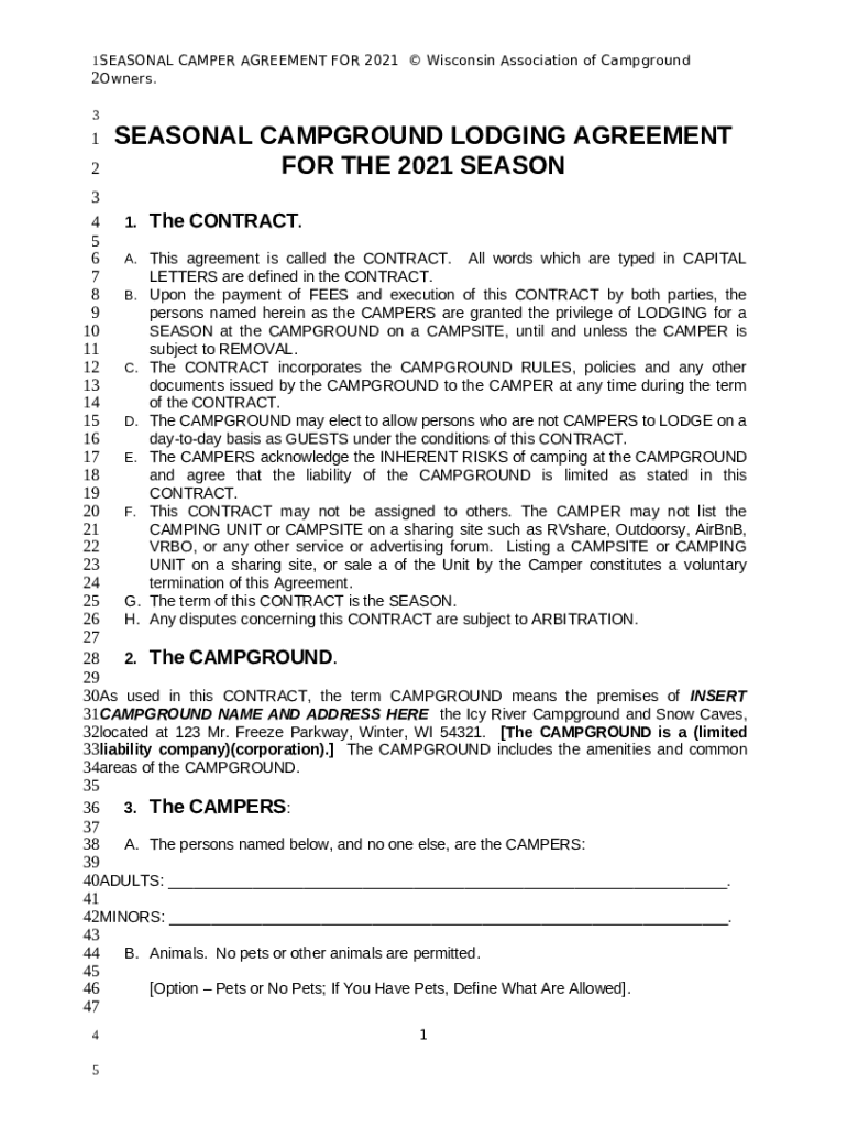 Seasonal Camping Agreement WILDERNESS CAMPGROUND, INC. Doc Template
