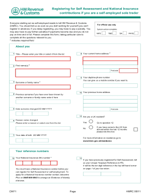 CWF1 Registering for Self Assessment and National Insurance contributions if you are a self-employed sole trader. Use this form when you become self-employed to register for National Insurance contributions and/or tax