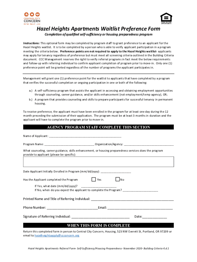 Fillable Online Hazel Heights Apartments Waitlist Preference Form
